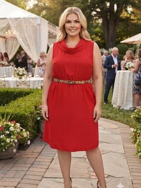 Tahari ASL Red Sleeveless Cowl Neck Dress with Leopard Belt